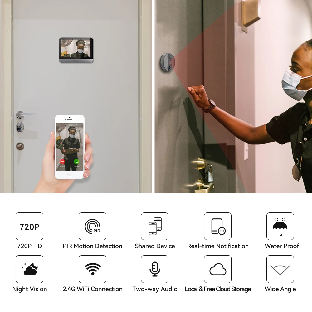 Jeatone Tuya smart WiFi door bell With 720P/120°Camera video peephole for door 4.3