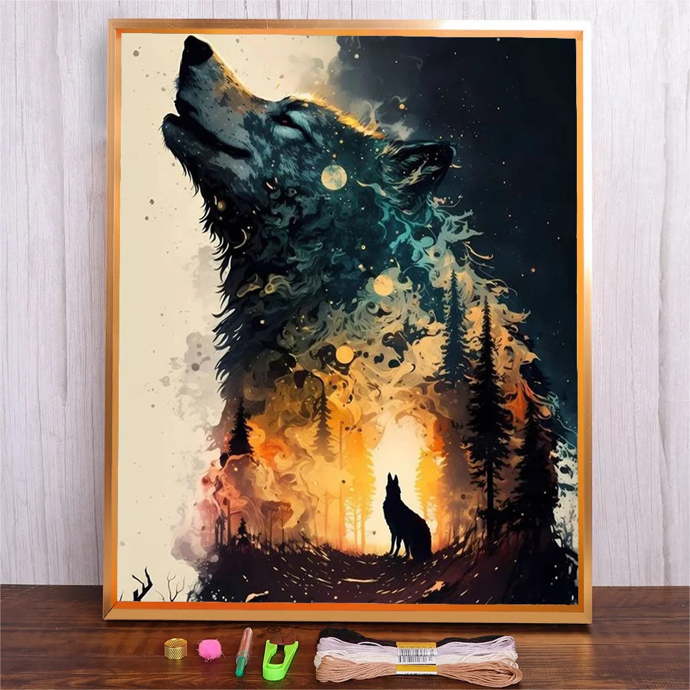 

Cartoon Wolf Pattern Printed Canvas DIY Cross Stitch Complete Kits Embroidery Set 11CT Cotton Thread Needlework Home Decoration