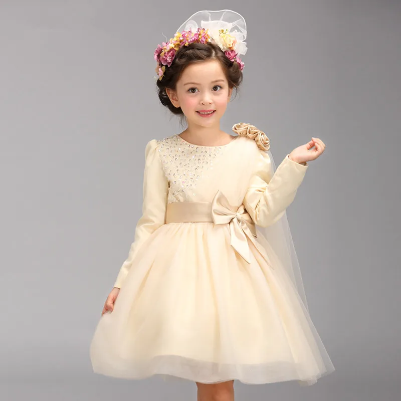 

4-18 Years Old Formal Party Girl Dress Long Sleeve Princess Champagne Flower Girl Vestidos Kids Clothes Spring Autumn AKF165002