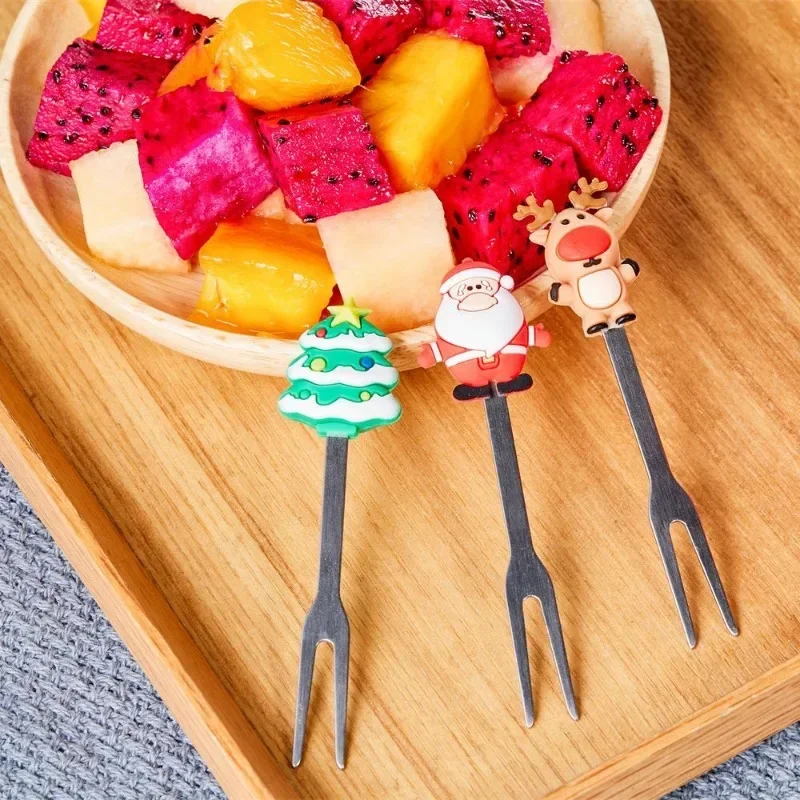 5pcs Christmas Theme Fruit Fork With Jar Stainless Steel Fruit Fork Set Salad Cutlery Kitchen Gadgets Feliz Navidad Kids Favors