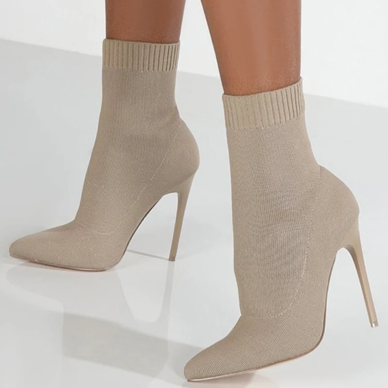 Women Sock Boots Sexy Knitting Stretch Boots Pointed Toe High Heels Shoes Female Thin Heel Ankle Boots Slip-On Women Shoes