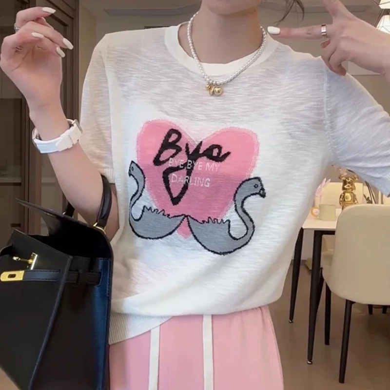 

Letter Cartoon Summer T-Shirts Women O-Neck Short Sleeve Casual Shirts Top Loose Vintage Y2K Ice Knitted Tees Thin Heart Office