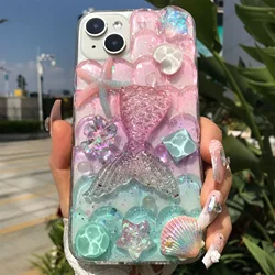 Handmade Mermaid Ripple Stone Flower Dolphin Starfish Soft TPU Acrylic Dustproof Phone Case - iPhone 11 Pro Max (Green Purple Pink)