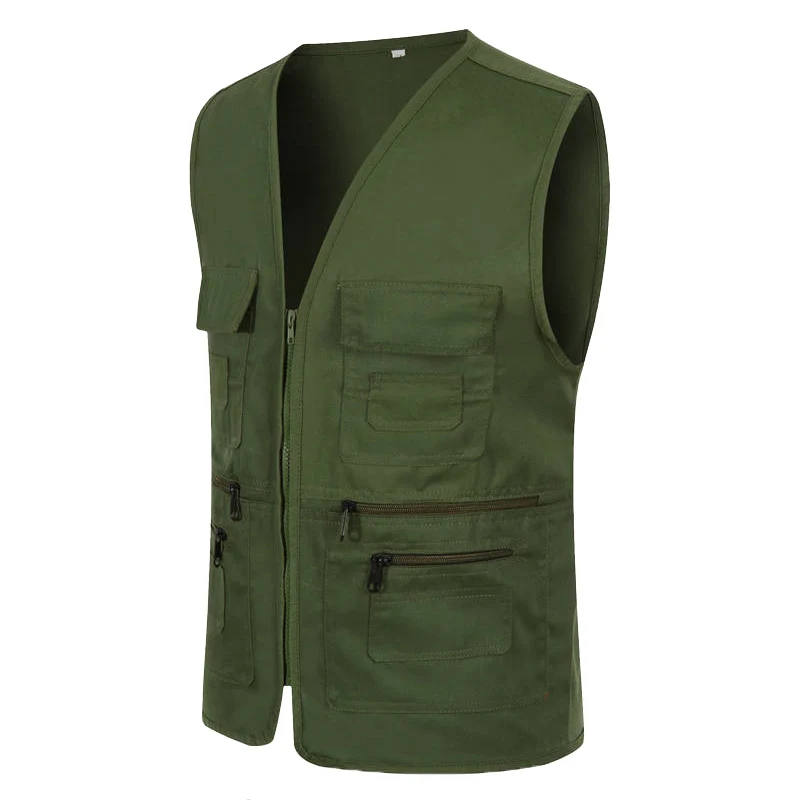 Army Green Zip Up Work's Vest Plain Outwear Multi-pockets Hunter V Collar Fishing Camping Sleeveless Jacket Outdoor Waistcoats