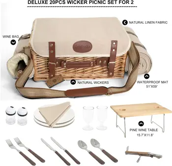 Mutifunctional Wicker Picnic Basket Set for 2 with Blanket and Picnic Table, Insulated Picnic Set with Full Tablewares for 5