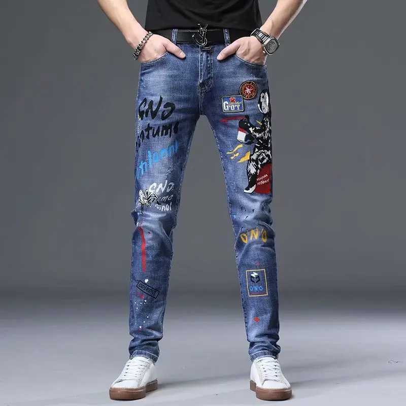 Jeans Slim Graffiti Print Plus Size Trousers Men main image 1