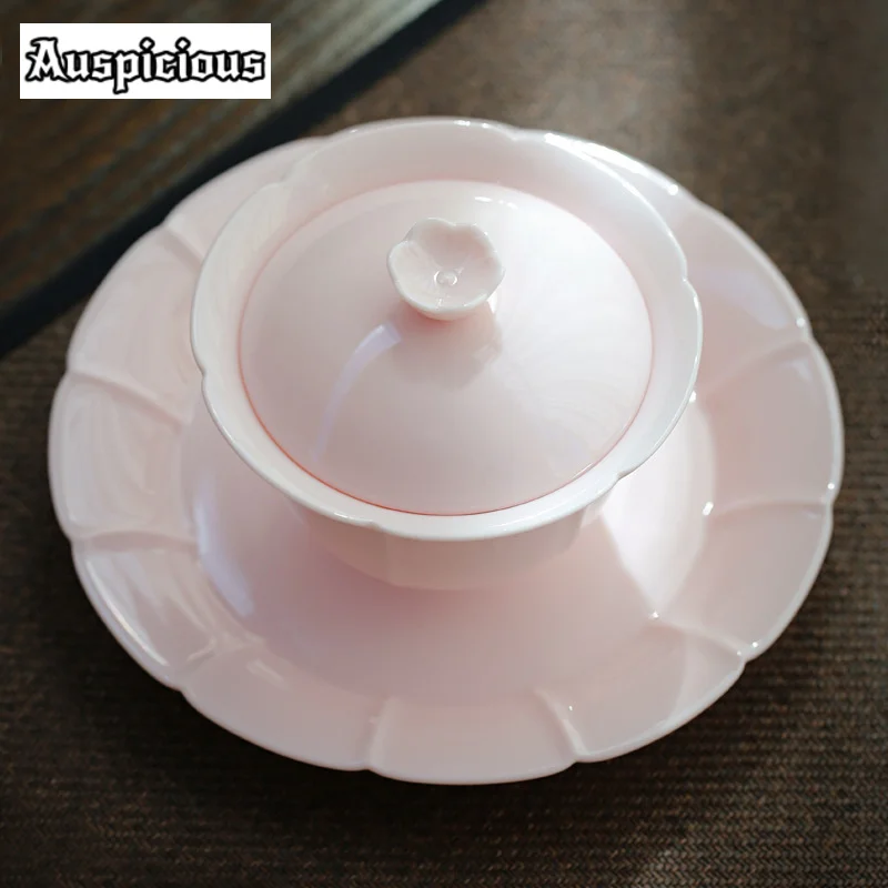 150ml Boutique Pink Ceramic Sancai GaiWan Tea Cup Handmade Single Colored Glaze Petal Tea Bowl Household Kungfu Teaset Drinkware