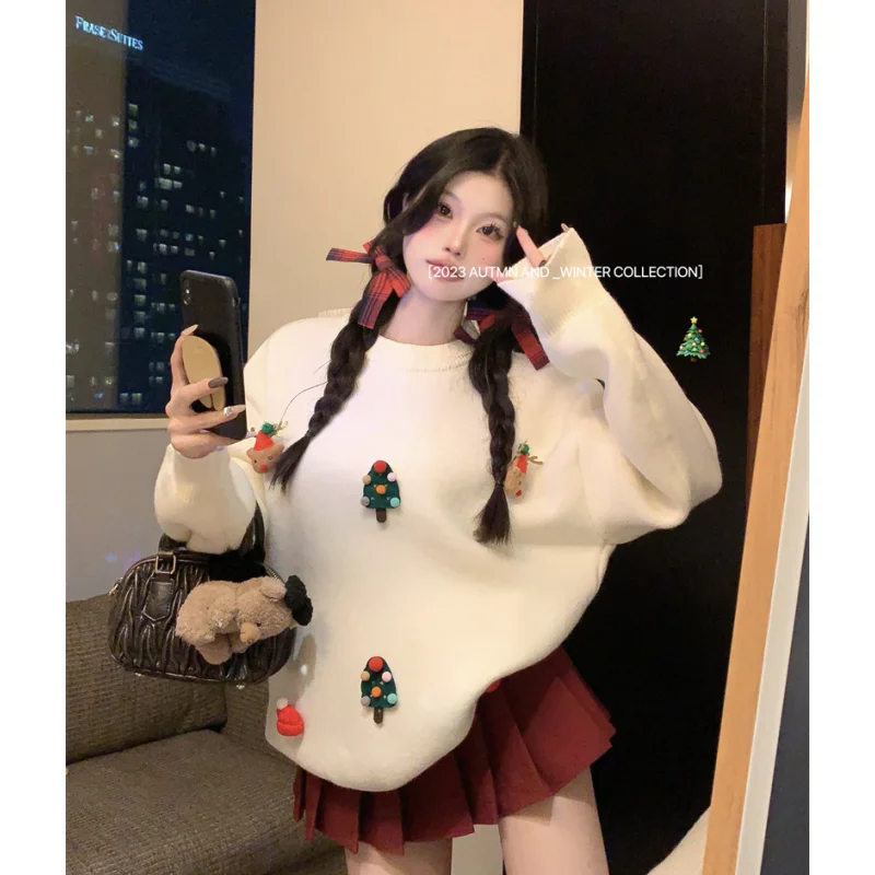 

White Women Clothing Vintage Knitting Sweater Cashmere Contrasting Colors Korean Fashion Simplicity 2024 NEW Female Spring Tops