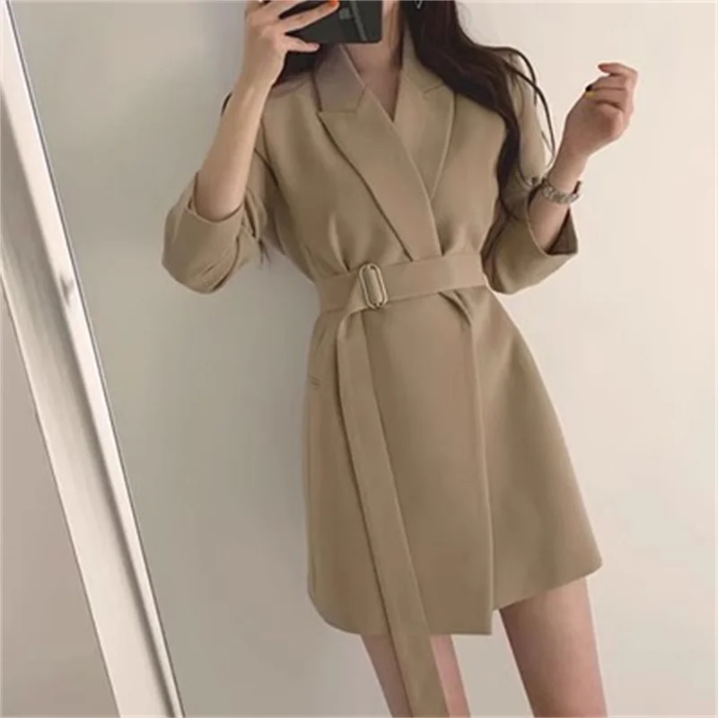 White Windbreaker With Belt Suit Jacket 2025 New Autumn Size XXL Women's Clothing Fat Sister Thin Long Blazer Khaki Blaer W10