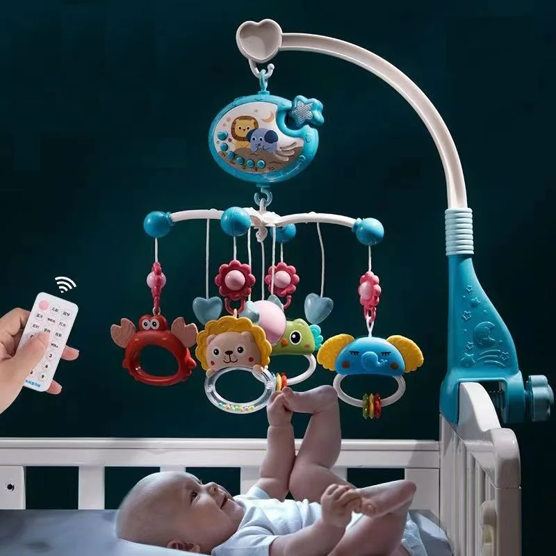 Musical Hanging Toys 360 Infant Soothing Rotate Baby Bed Crib Bell with Sensory Teether Rattle Projection Remote Control Mobile Music Box