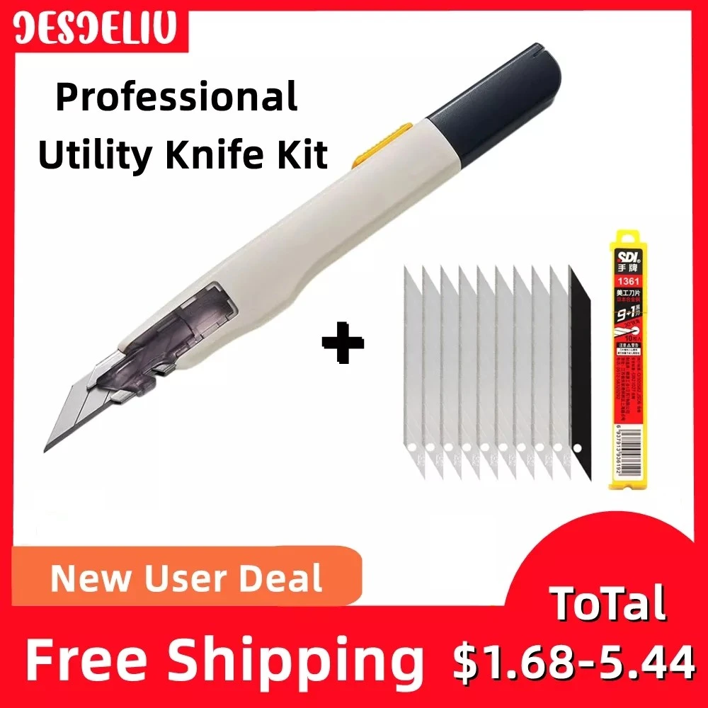 Professional Utility Knife Kit With 10pcs Blades Retractable Box Cutter