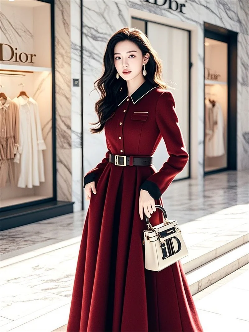 French Wine Red Dress 2025 Autumn Womens Clothing High-end Super Beautiful Formal Occasion Temperament Waist Cinching Long Skirt