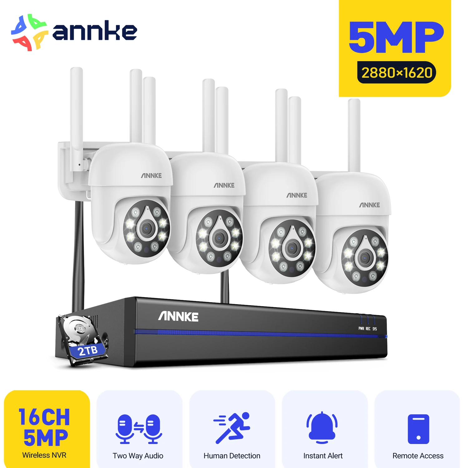Annke H.264+ 5MP Wireless CCTV System 16CH NVR Video Surveillance Kit color night vision Two Way Audio WiFi Camera PTZ 3.6MM
