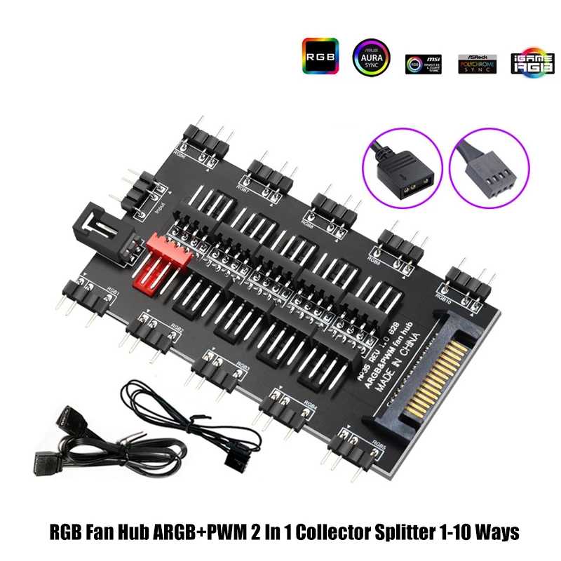 RGB 팬 허브 ARGB PWM 컬렉터 2 in 1 분배기, 2X 10방향 M/B 5V AURA SYNC, SATA 전원 커넥터