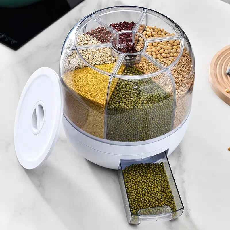 

Circular 360 Degree Rotating Rice Dispenser Sealed Dry Cereal Grain Bucket Moistureproof Storage Box Container Kitchen Organizer