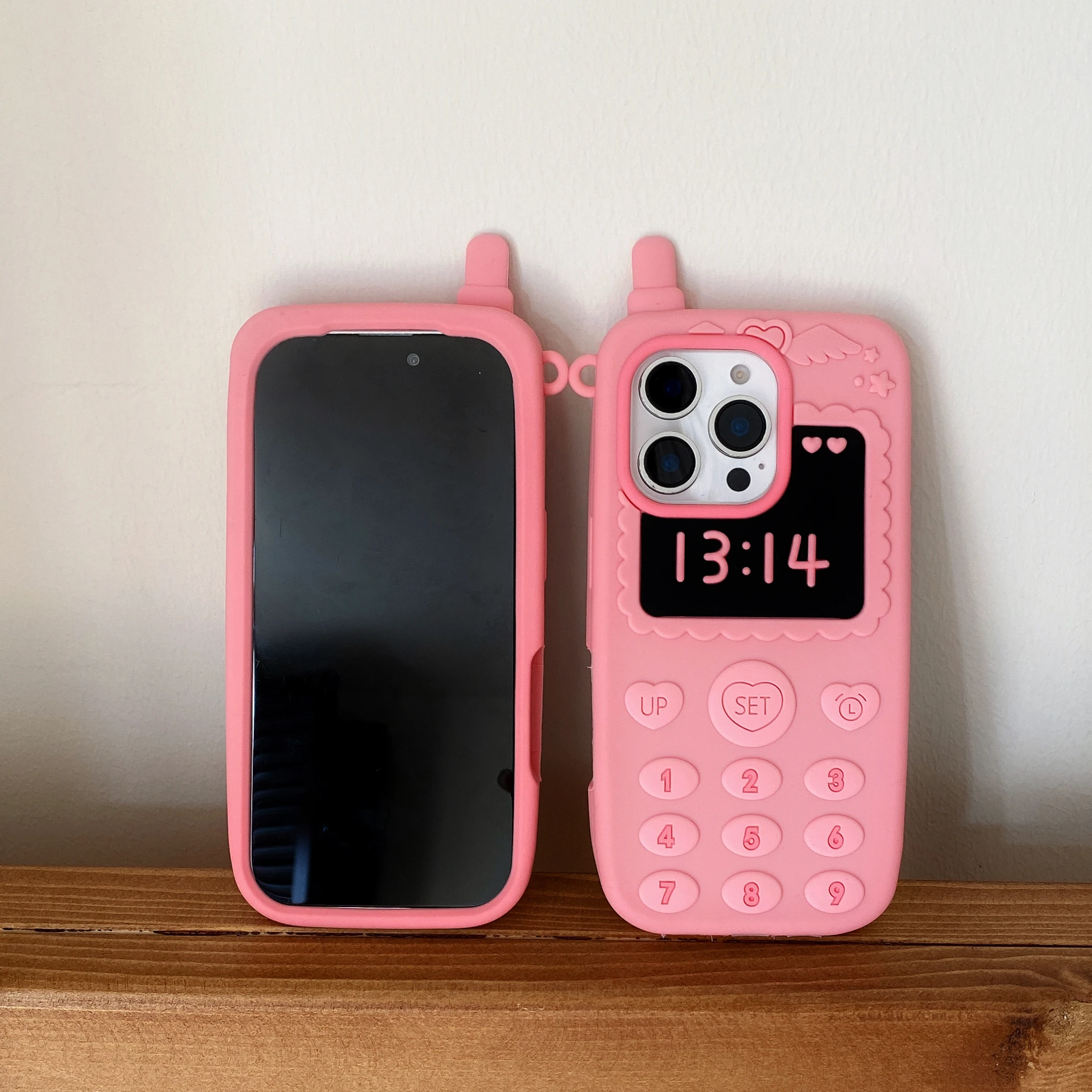 3D Pink Telephone Antenna Silicone Phone Case with Love Heart Shockproof Cover