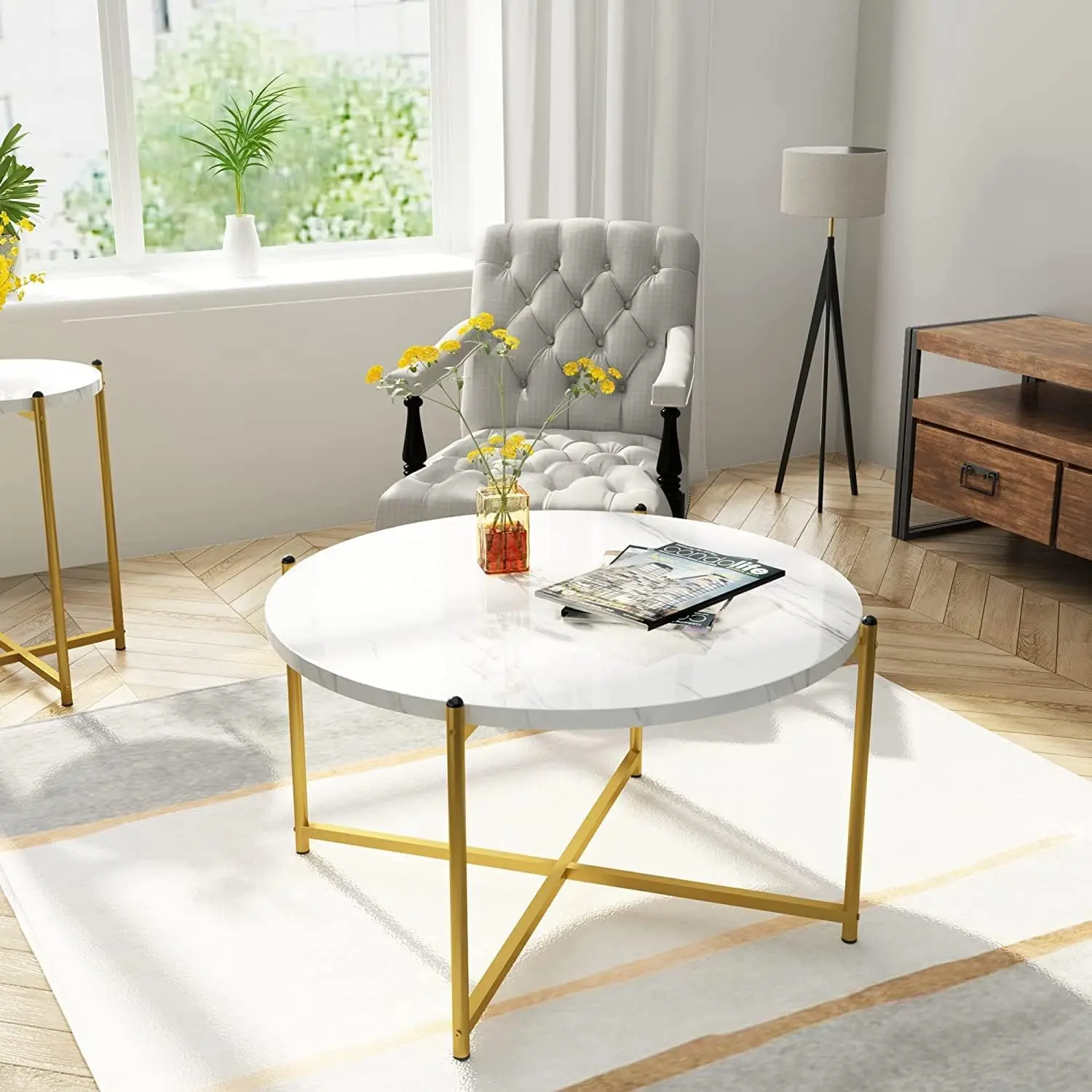 Coffee Table Set of 3 Include Coffee Table & 2pcs Side Table Living Room Sets Faux Marble Tabletop and Metal Frame