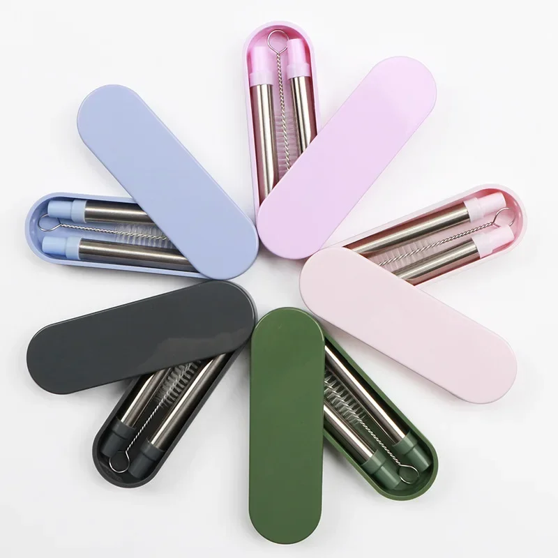 1pcs Reusable Metal Straw Straw Straight 304 Stainless Steel Folding with Cleaning Brush Case Set Access Party Bar