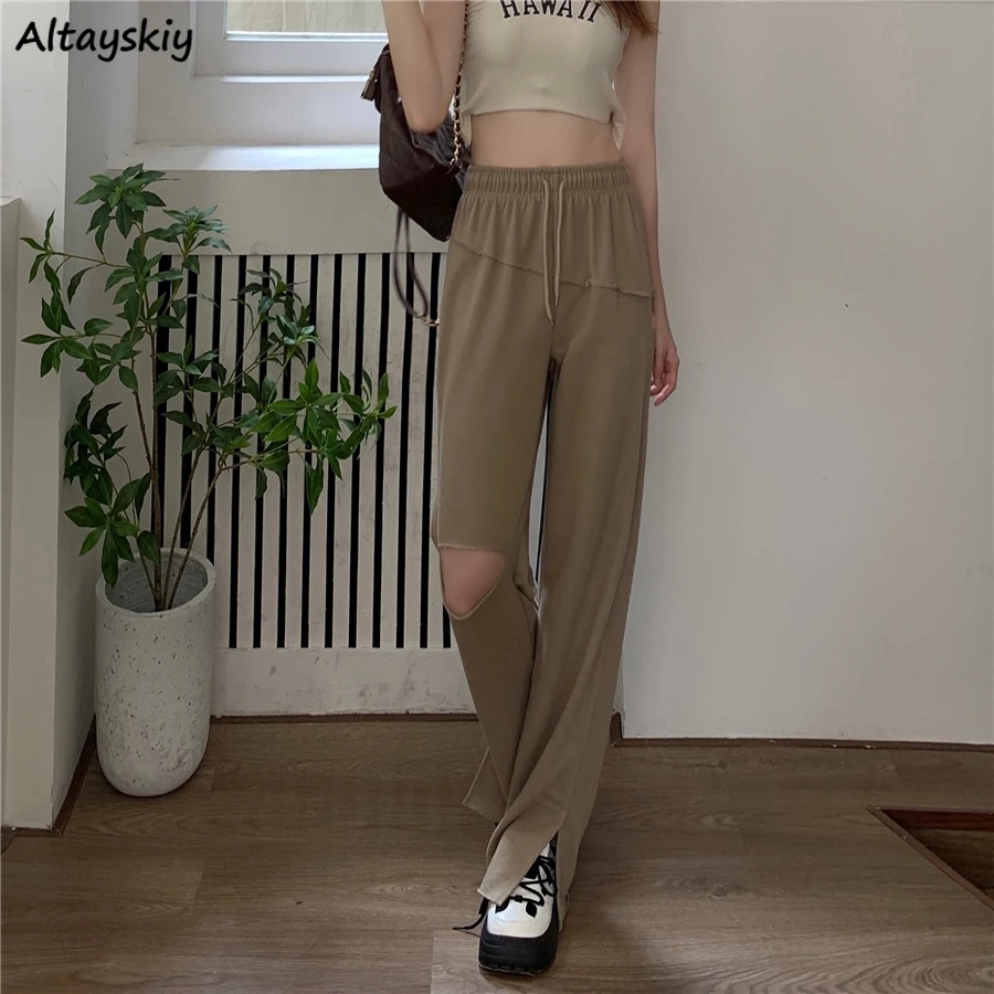 

Casual Pants Women Simple Pure Design Hole Personality Sporty All-match Retro Ulzzang Streetwear Side-slit Students Summer Loose