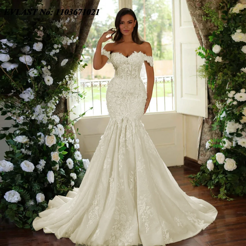 EVLAST Customized 2025 Mermaid Long Wedding Dress Lace Applique Beading Vestido De Novia Wedding Bridal Gown Robe De Mariee MD02 4
