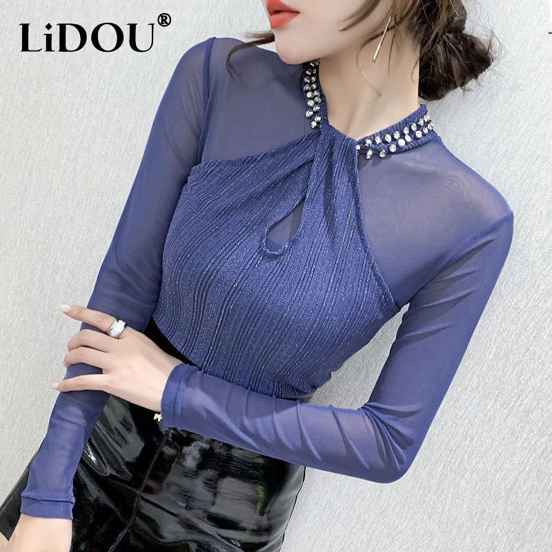 

Spring Autumn Sexy Fashion Beading Mesh T-shirt Ladies Long Sleeve Patchwork Bottoming Top Women Slim Solid Color Pullovers Top