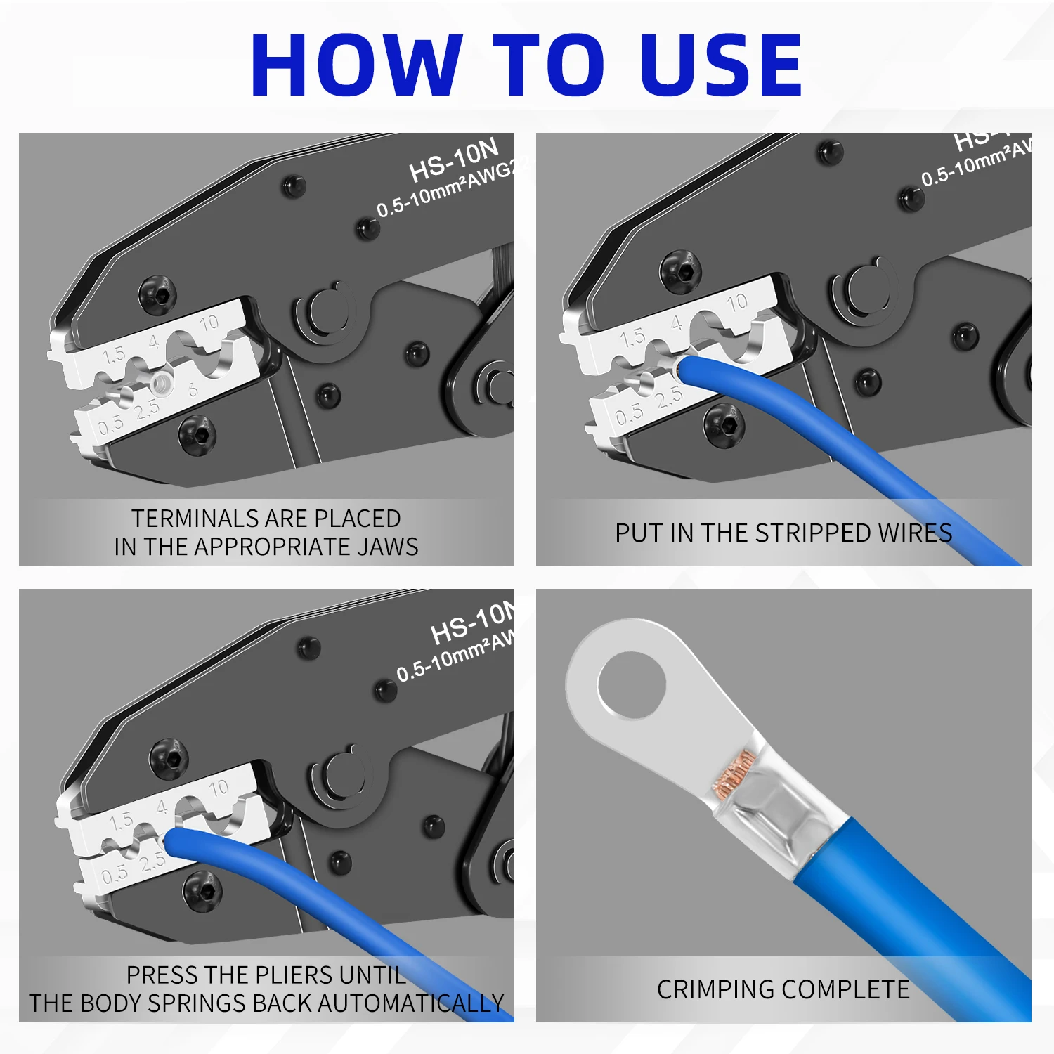 HS-10N Ratchet Crimping Tool for Bare Terminals 0.5-10mm&sup2; AWG22-8 Hand Crimper C45/SC/UT/OT Non-Insulated Ratchet Crimper
