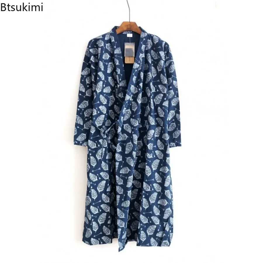 2024 Men's Pajamas Robes Cotton Half Sleeve Blue White Colors Leaves Printing Summer Men's Bathrobe Jacquard Pajamas Men Clothes