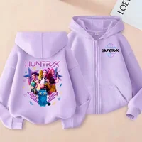 HUNTRX Trendy Girl Group Style Printed Zipper Sweater, Korean Street Style Hooded Cardigan Jacket