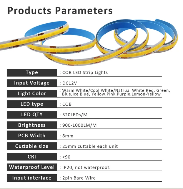 12V COB LED Strip Light 320LEDs/m High Density RA90 Warm