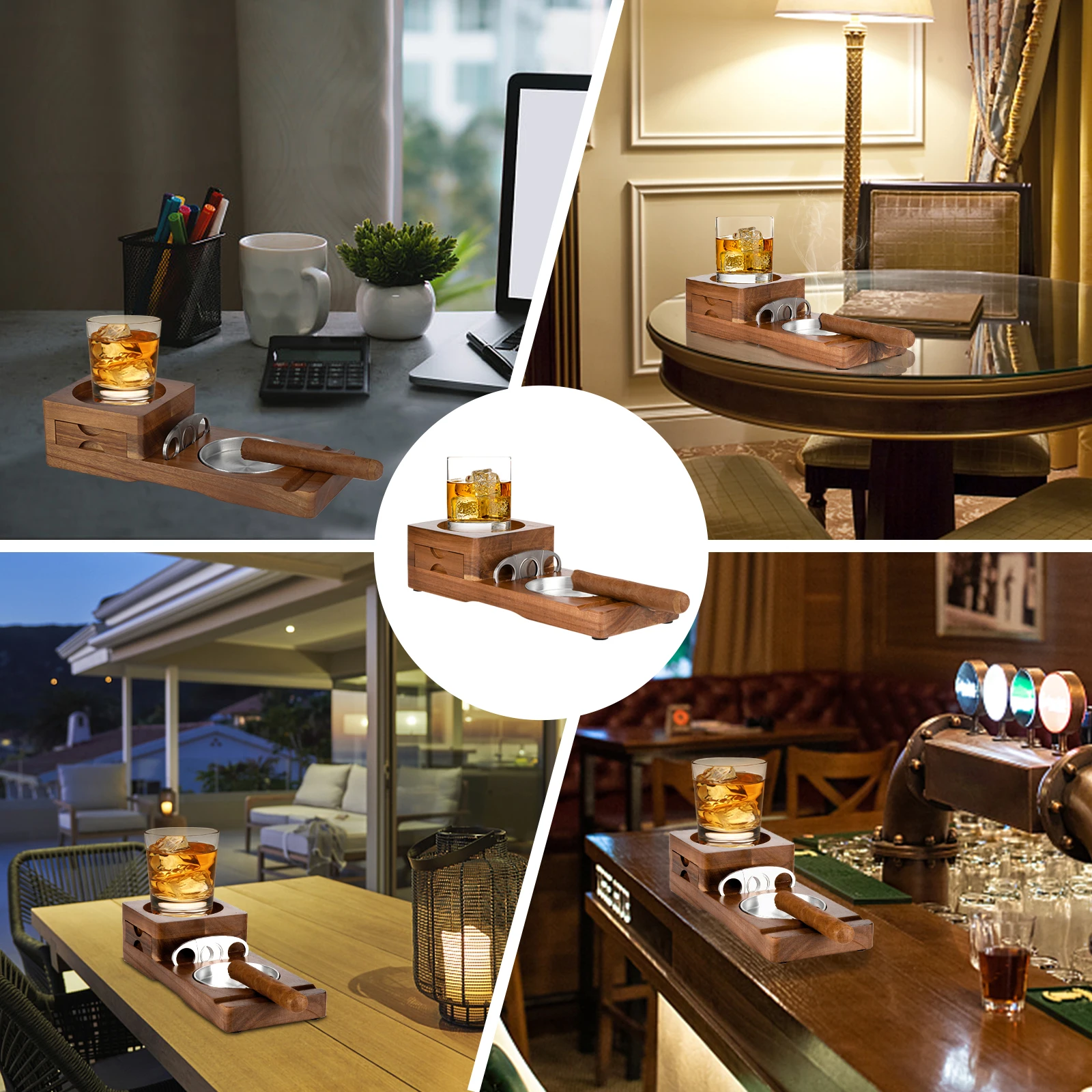Posacenere per sigari, posacenere in legno, posacenere quadrato portasigari a 4 slot con cassetto per accessori per sigari per patio interno ed esterno, ufficio domestico, regali personalizzati per