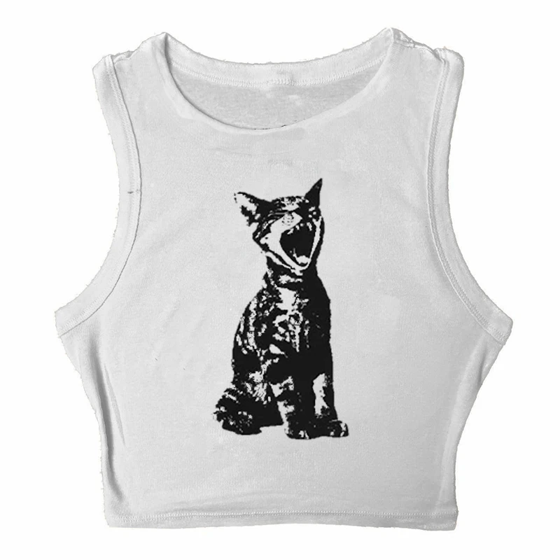 

New autumn and summer street hip-hop Y2K cute cat print slim fit exposed navel short women's T-shirt/sleeveless vest