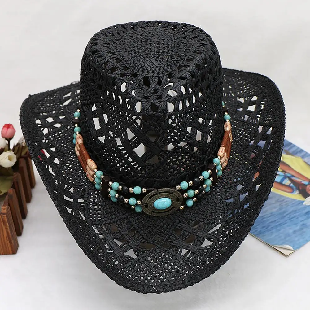 Unisex Straw Cowboy Hat with Decorative Bands Hollow Breathable Design Ultralight Cowgirl Woven Sun Hat