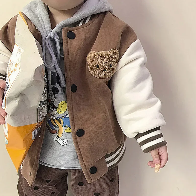 New Chidlren Girls Cartoon Bear Jackets Long Sleeve Fleece Coat Warm Fall Kids Boys Beseball Outwear Winter Toddler Clothi