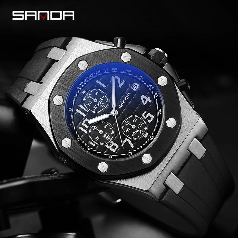 SADNA 7029 New Nightlight Three Eyes Six Needle Quartz Watch Fashion Trend Multifunctional Timing Calendar Digital Watch