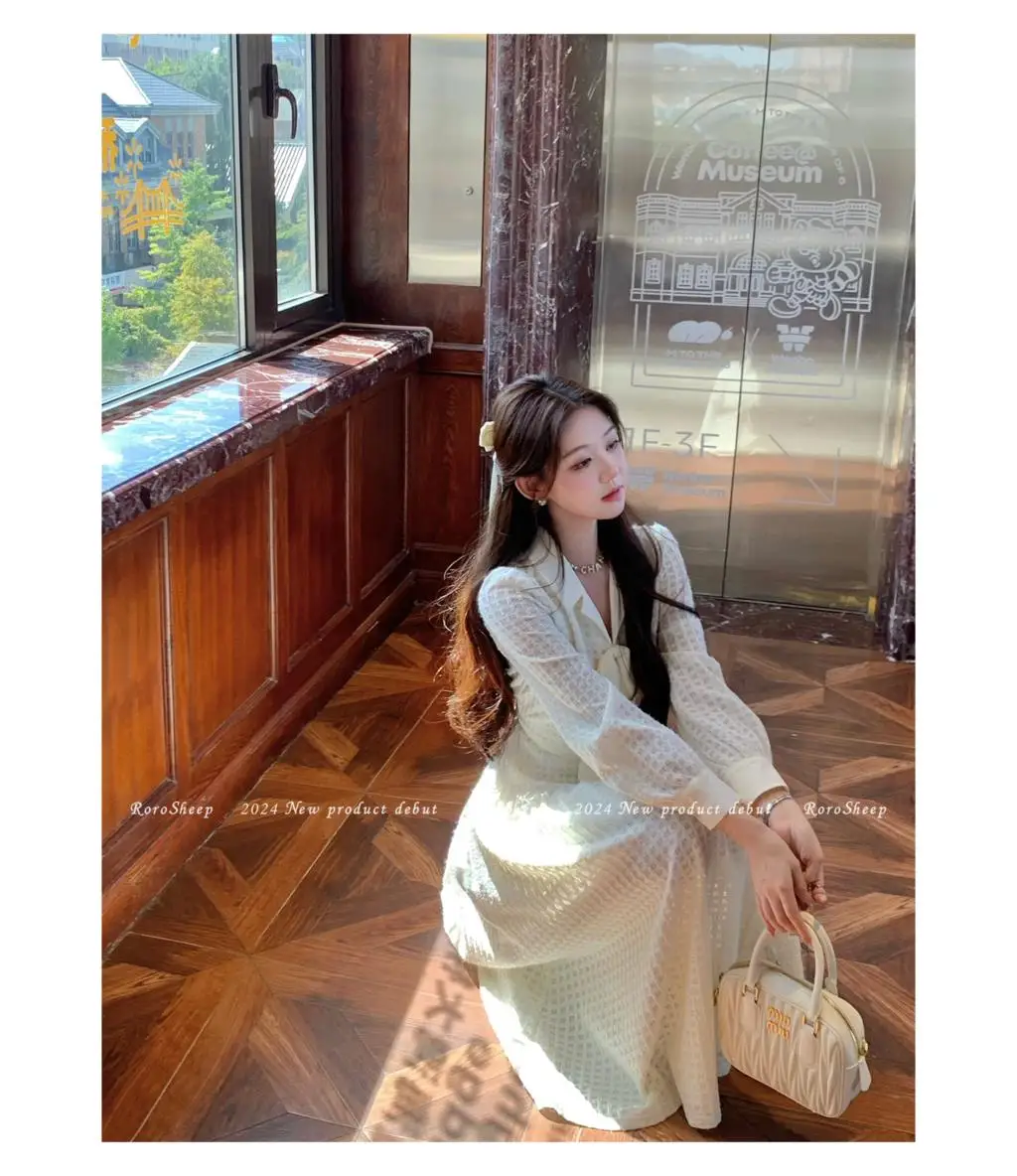 Elegant Vintage Lapel Midi Dresses for Women Bow Long Sleeve Birthday Party Dress A-line Autumn New Korean Fashion Vestido Mujer