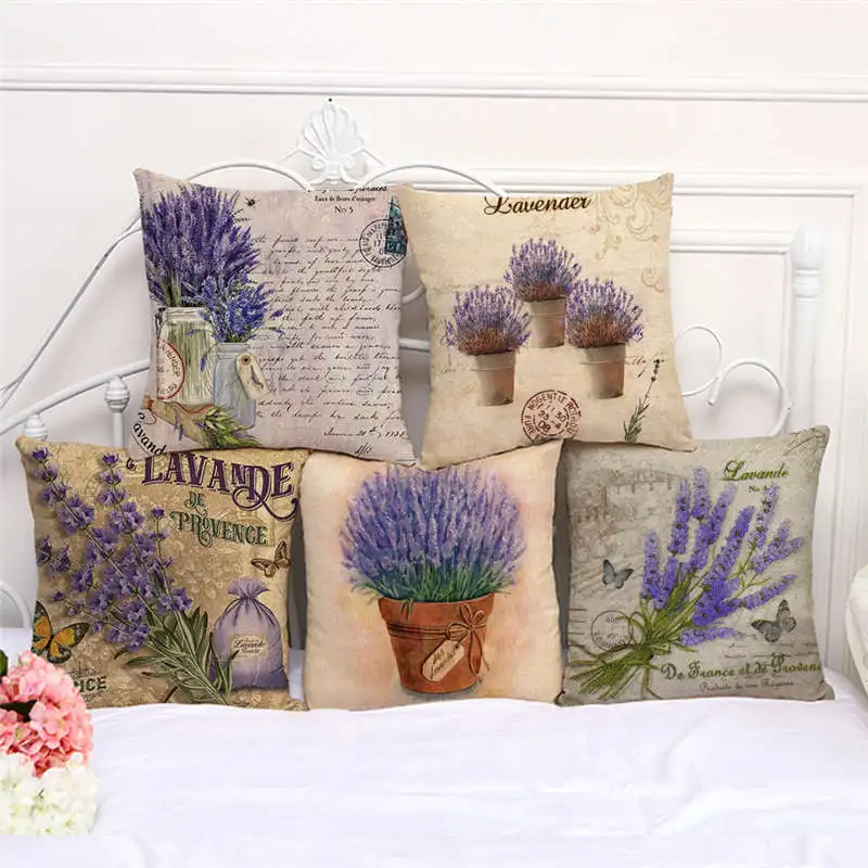 

Purple Lavender Pillowcase Butterfly Colorful Vintage Letter Pillow case Linen 45X45 50X50 Sofa Living Room Decoration Pillow