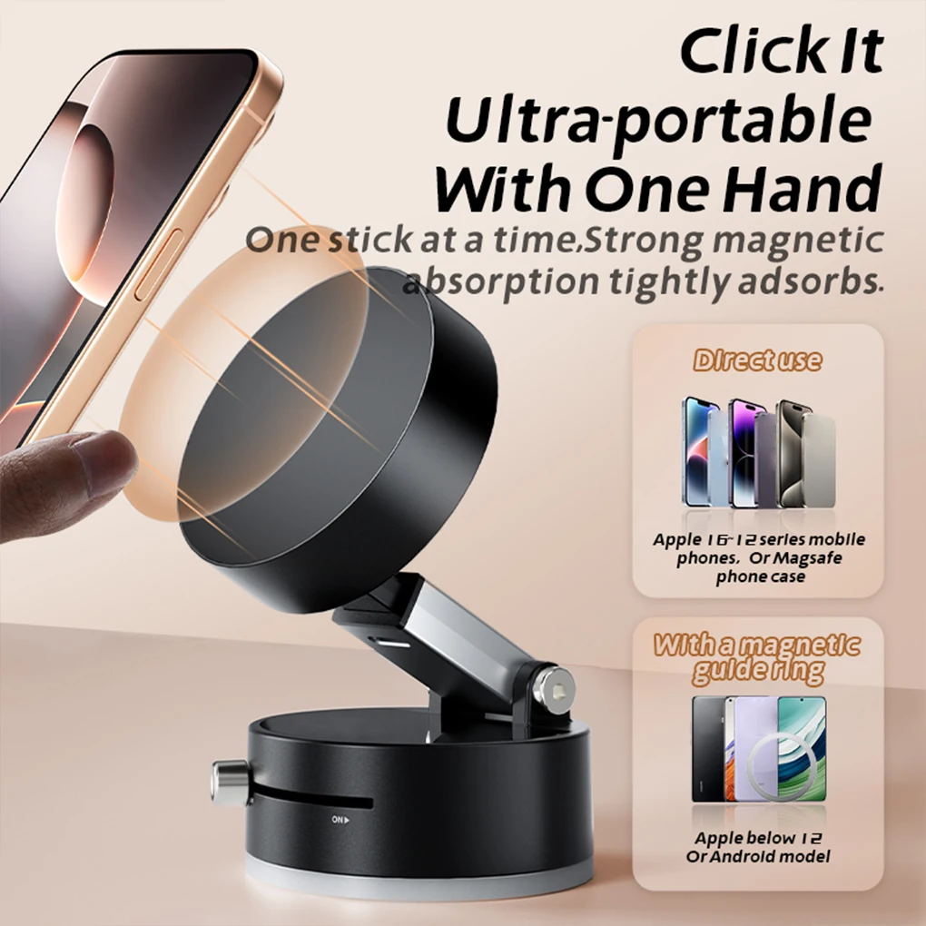 Mini Portable Metal Rotating Car Mount Phone Holder Vacuum Magnetic Suction Cup Folding Swivel Stand 360° Rotation Phone Holder