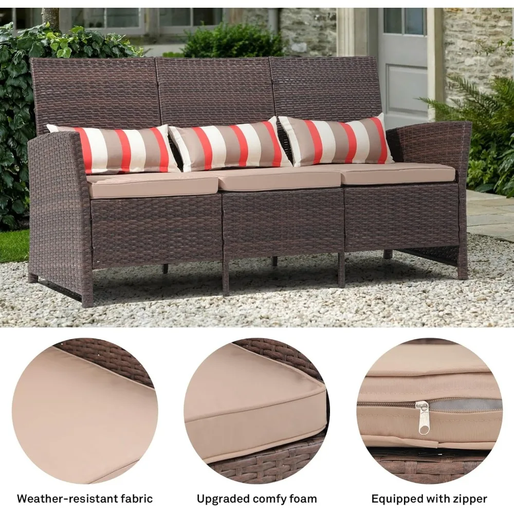 Outdoor Furniture 3 Seats Patio Couch, Outdoor Wicker Sofa, Brown PE Wicker with Beige Cushions & Lumbar Pillows, Porch, 5