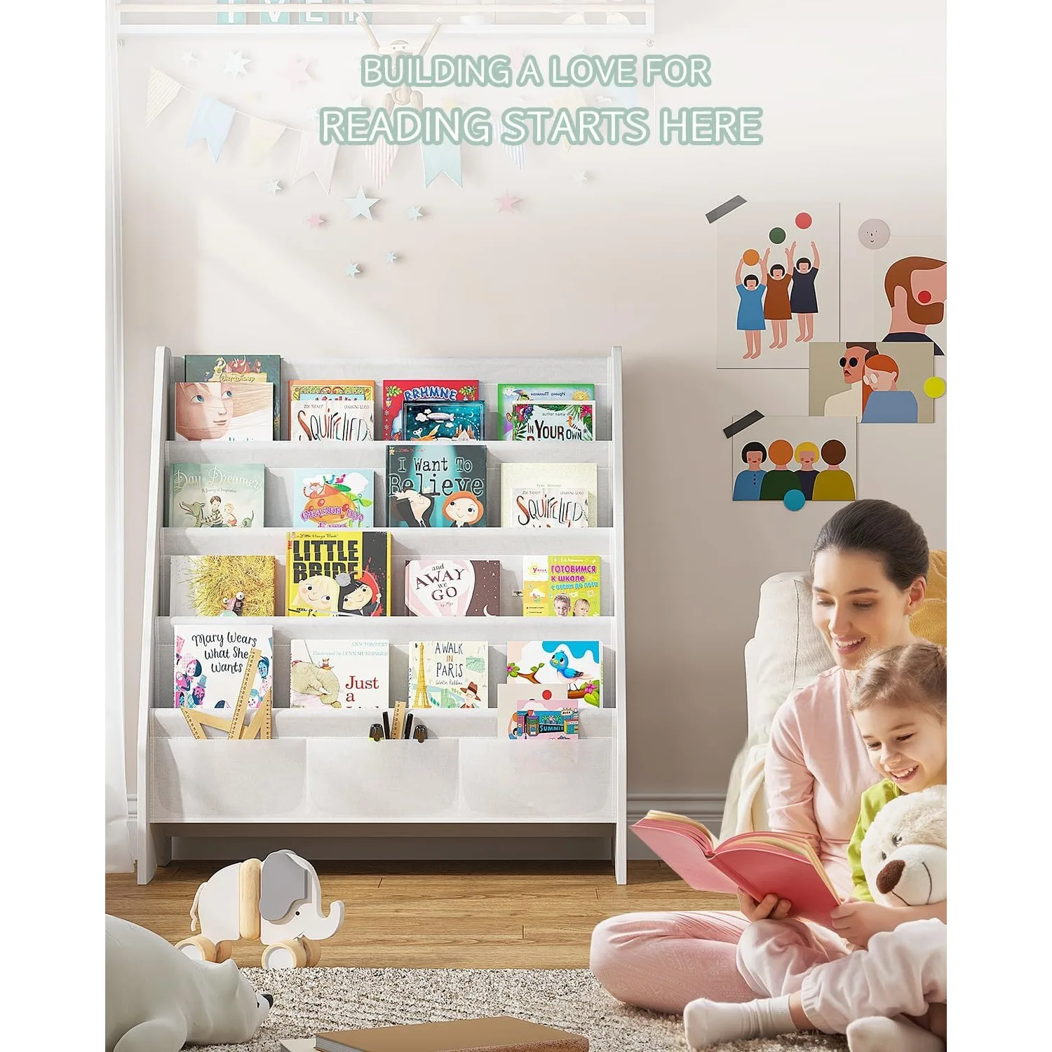 Sturdy Kids Bookshelf for Kids Room with Tear-Proof Oxford Sling, Ideal Height for Quick Book Access, White/Wood Texture 6