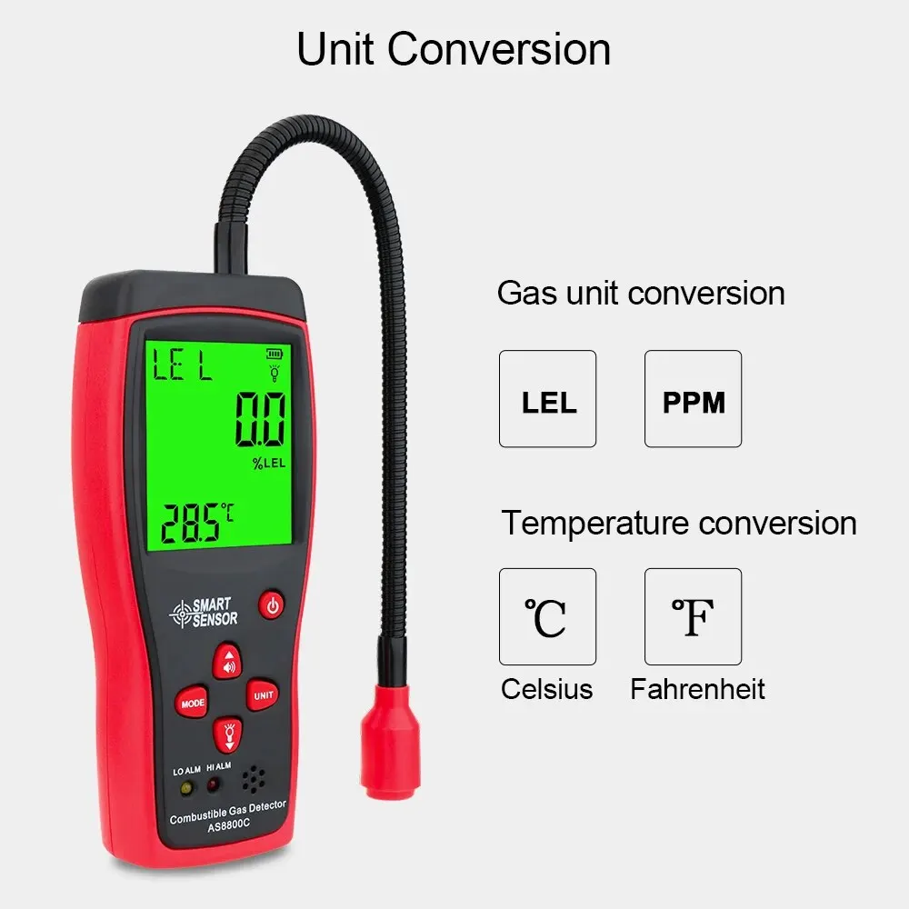Portable Gas Leak Detector 0-10000PPM Sound & Light Alarm Combustible Flammable Natural Methane Gas