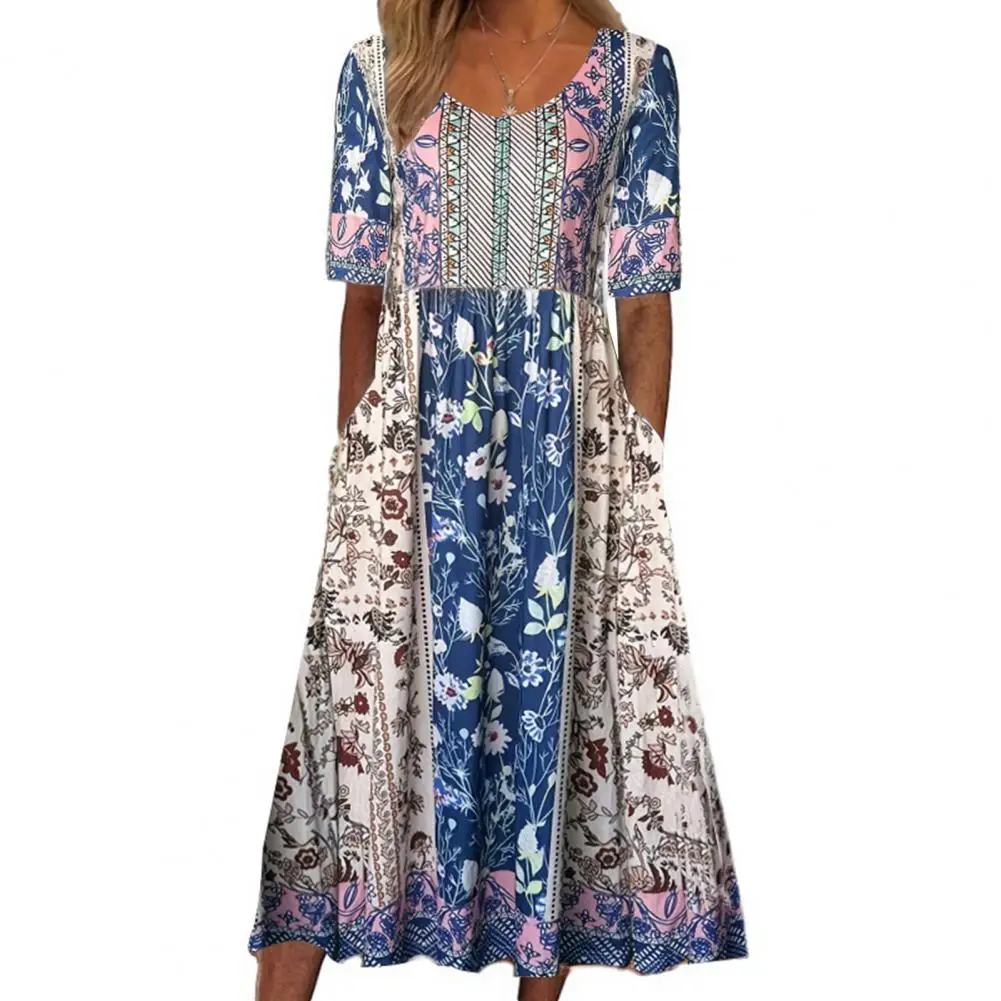 

Lady Casual Dress Bohemian Ethnic Print Midi Dress with Side Pockets Pleated A-line Hem Women's Summer Daily Wear in Soft Round