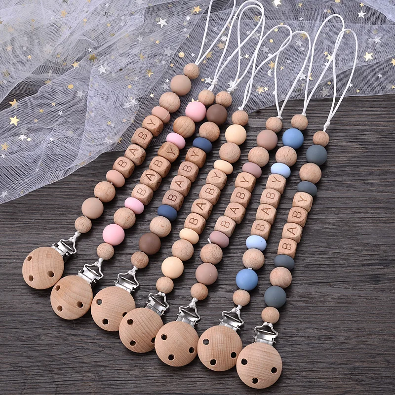 New Wooden Beech Letter Beads Baby Pacifier Clips Silicone Beads Anti-Lost Pacifier Chain for Dummy Nipple Holder 3