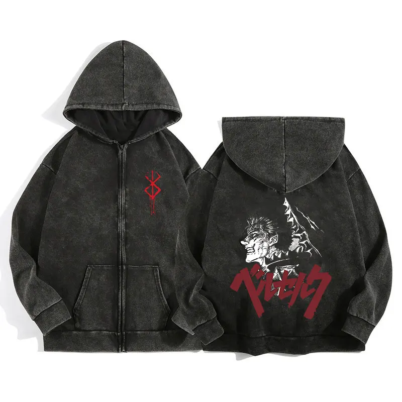 Sweat à Capuche Berserk Délavé – Graphique Anime Vintage, Coupe Décontractée, Manches Longues (Coton)