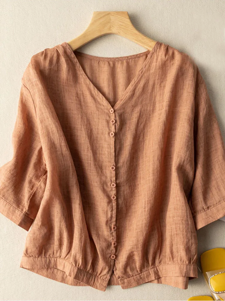 

Jmprs Loose Women Cotton Line Shirts Oversize Summer V Neck Casual Half Sleeve Thin Shirt Korean Female Tops New