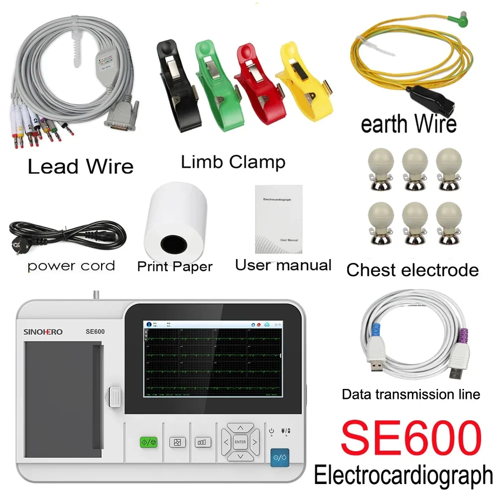 E600 Full Touch 6 Channel Electrocardiograph 12-lead ECG Machine Thermal Printing 7'' LCD Display EKG Cardiac Monitor