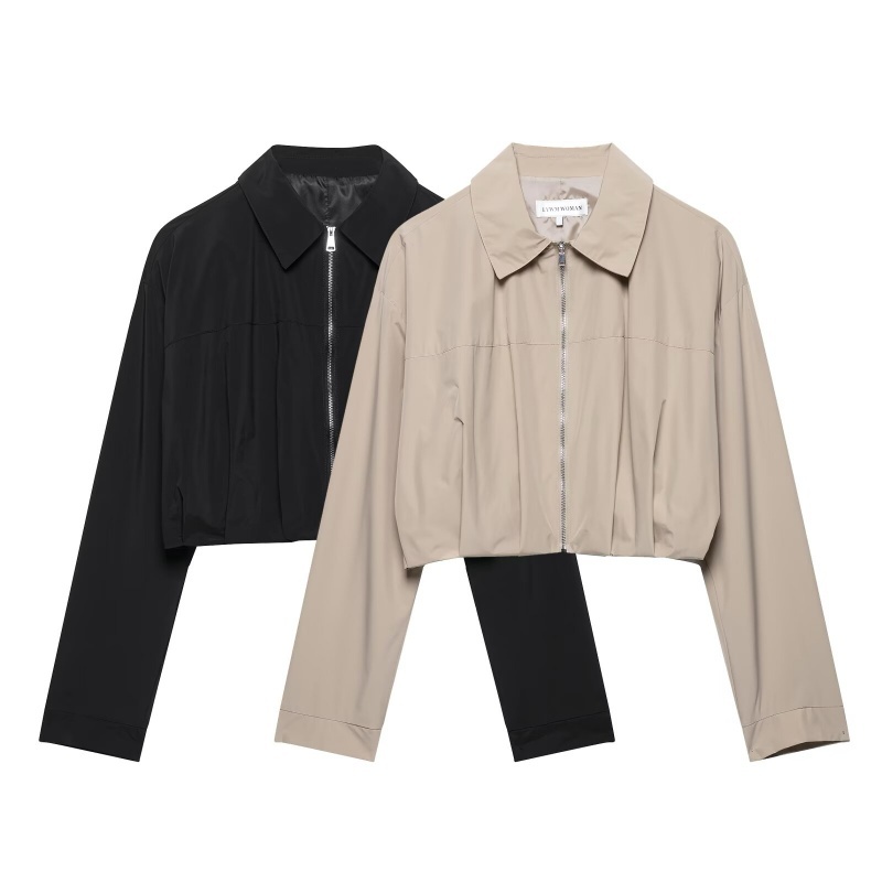 Women Vintage Cropped Pleated Jacket Lapel Collar Long Sleeves Summer Autumn Casual Center Zip Female Outerwear