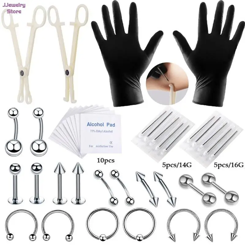Professionele piercing-set voor oor, neus, navel, met sieraden, naalden Professionele piercing-set voor oor, neus, navel, met sieraden, naalden