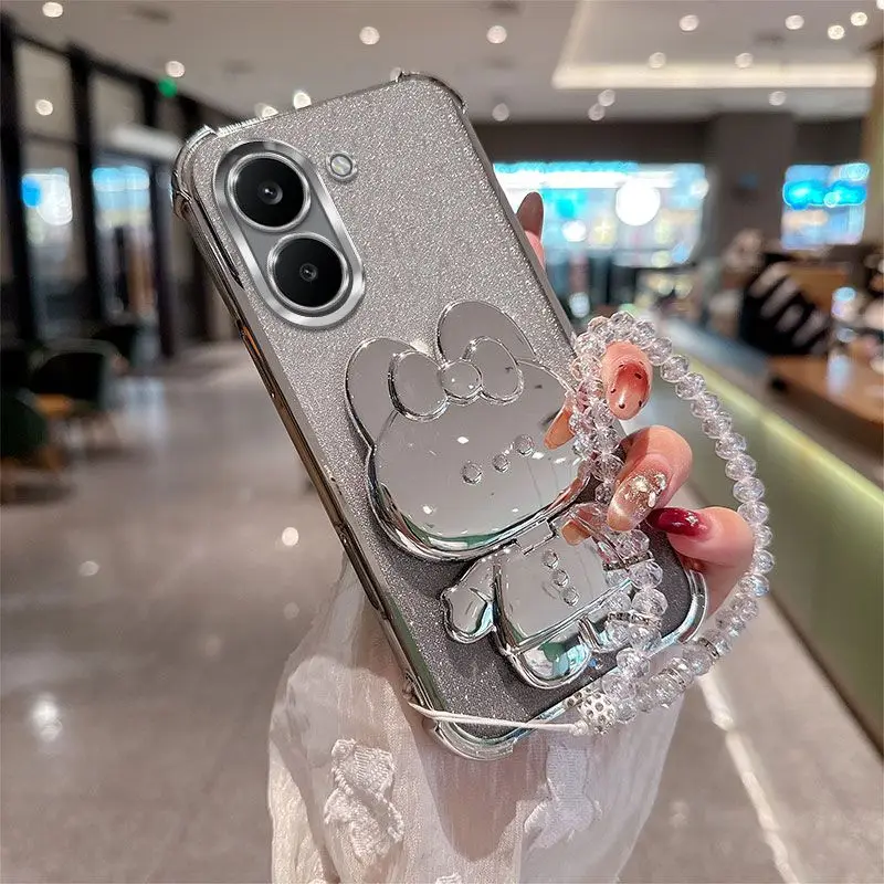 Rabbit Mirror Holder Phone Case with Hanging Rope and Shock-Absorbing Shell