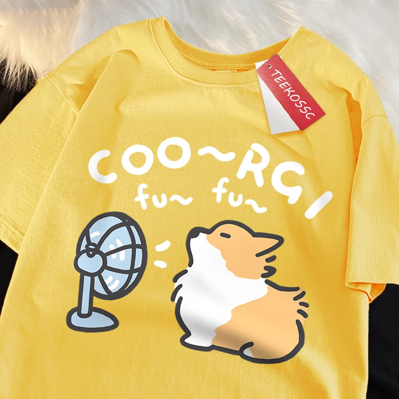 Rüzgar üfleme Corgi köpek eğlenceli t-shirt erkek kadın marka gevşek rahat kısa kollu yaz Tshirt yumuşak nefes pamuk marka Tops
