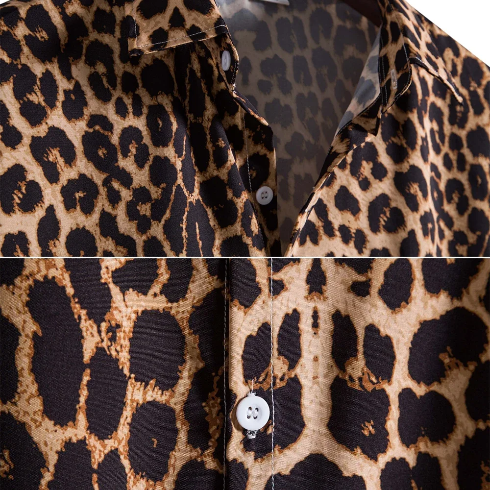 Men Fashion Leopard Printed Shirt Slim Fit Short Sleeve Hawaiian Shirt Party Beachwear Casual Shirts Leopard Print Men's Clothes
